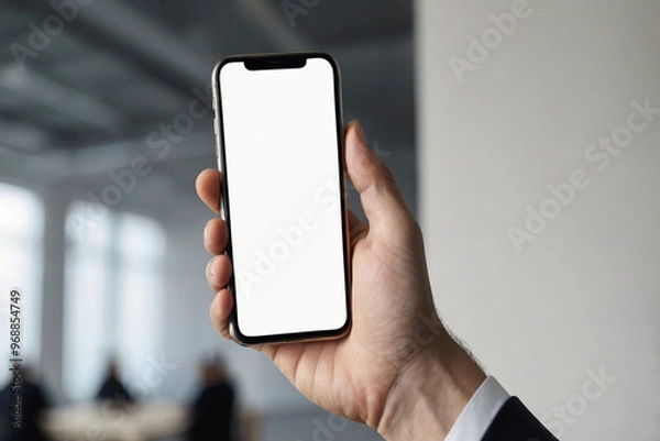 Fototapeta A businessman hand holding a smartphone with white screen mockup, AI Generated
