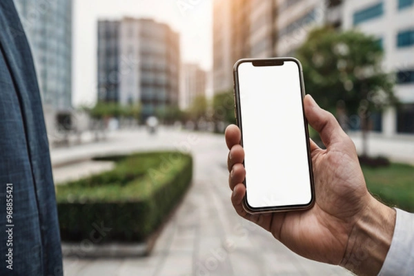 Fototapeta A businessman hand holding a smartphone with white screen mockup, AI Generated