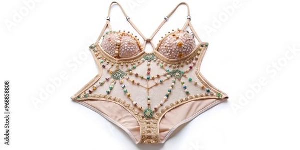 Fototapeta "A delicate, intricately designed swimsuit featuring tiny straps, threads, and beads, showcasing an innovative approach to minuscule yet stylish apparel."