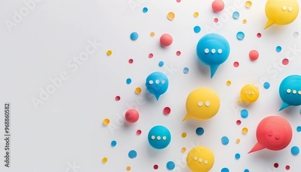 Obraz A collection of colorful speech bubbles on a neutral background, symbolizing communication, dialogue, and social media