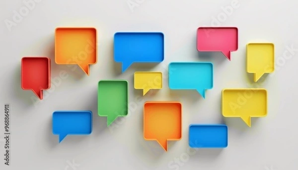 Obraz A collection of colorful speech bubbles on a neutral background, symbolizing communication, dialogue, and social media