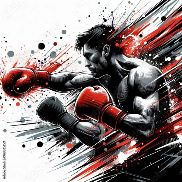 Fototapeta Powerful boxer in action with explosive dynamic art splashes


