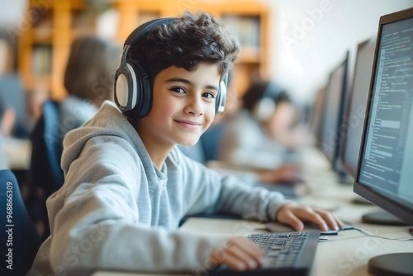 Fototapeta Youthful Programmer in Action: Modern Education