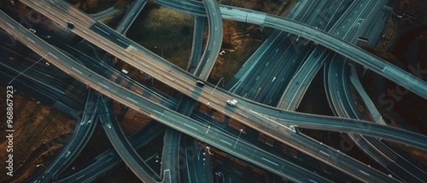 Fototapeta An intricate network of highways seen from above, showing the complexity of urban infrastructure and transportation dynamics.
