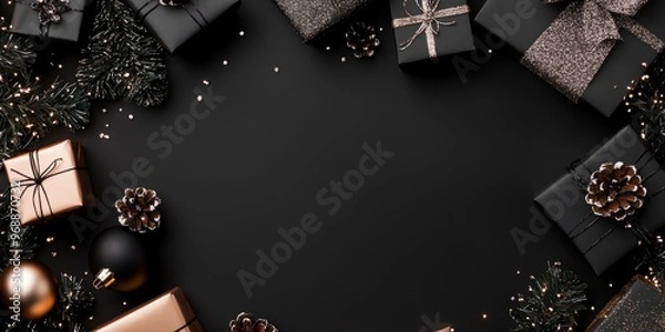 Obraz black table top with christmas presents and sparkling decorations