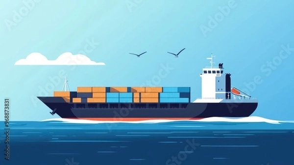 Obraz Flat illustration of a cargo ship with containers, crossing the ocean, symbolizing international shipping and logistics in a clean, minimalist style.