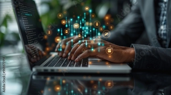 Fototapeta Close up of a person's hands typing on a laptop with glowing digital icons.