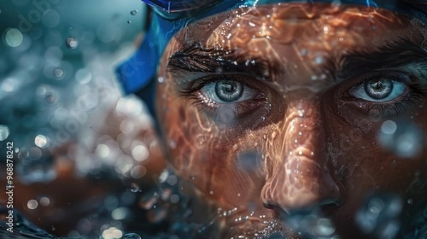 Fototapeta A close-up shot of an Olympic swimmer with focused eyes, wearing blue goggles and a swim cap, captured from behind with dynamic water splashes around him against a white background.