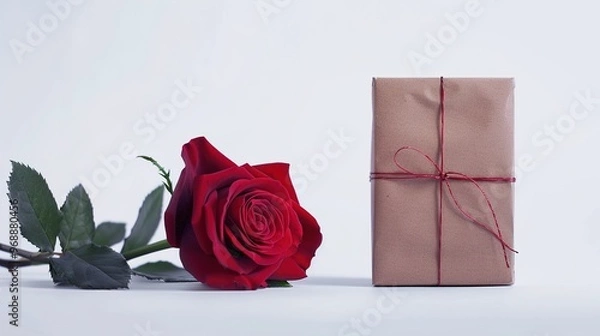 Fototapeta A red rose with detailed petals placed next to a neatly wrapped gift box on a white background.