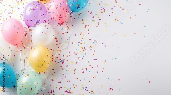 Fototapeta Party background with colorful balloons and confetti