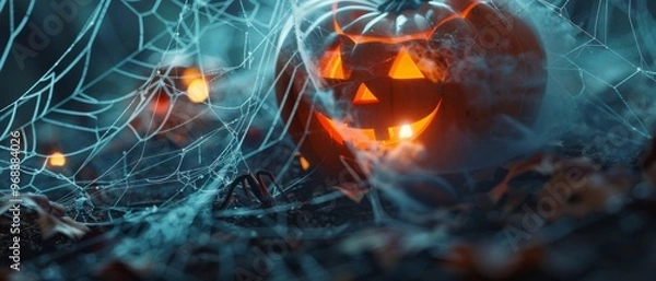 Fototapeta A glowing jack-o'-lantern sits amidst intricate spider webs, exuding an eerie Halloween vibe.