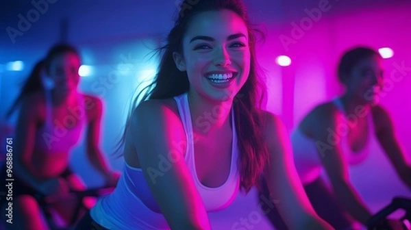 Fototapeta 17. A cheerful group engaged in a spin class with bright, motivational lighting