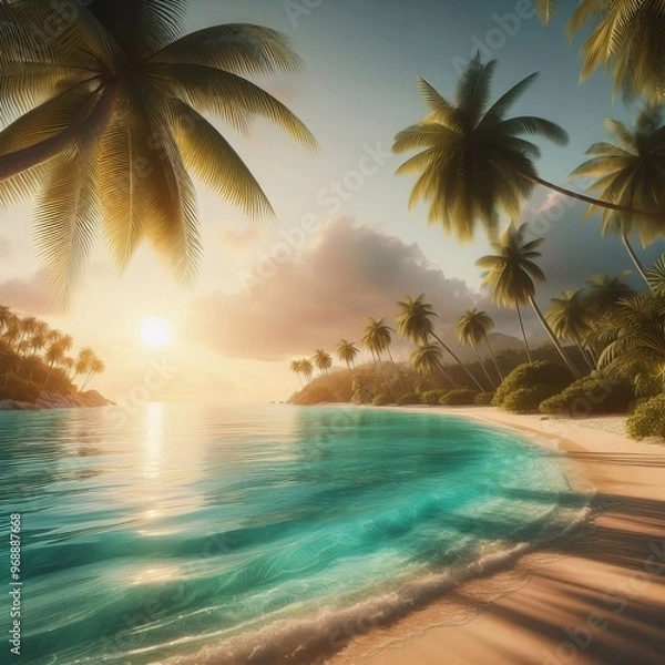 Fototapeta A picturesque tropical beach scene bathed in golden hour light, featuring calm turquoise waters and tall palm trees. The warm tones and tranquil setting create a perfect backdrop for relaxation and