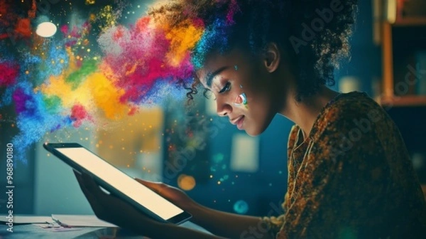 Fototapeta Creative worker on digital art creating new ideas. Person with colorful hair gets inspired by her screen, using internet 