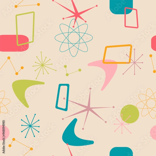 Obraz Mid Century Modern Boomerang seamless pattern with atomic retro stars in orange, blue, green, pink and yellow. For home decor, textile, wallpaper and fabric.