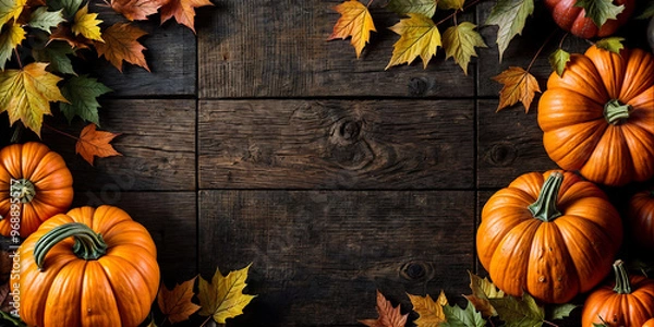 Fototapeta Halloween banner background with copy space featuring pumpkins and autumn leaves against a rustic wooden wall background. 