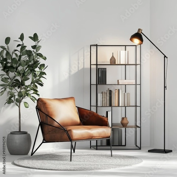 Fototapeta A cozy reading nook featuring a chair, bookshelf, plant, and lamp in a modern setting.