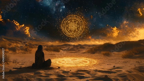 Fototapeta Shamanic ritual in the desert under a star-filled sky, sacred symbols drawn in the sand as the shaman calls upon ancestral spirits