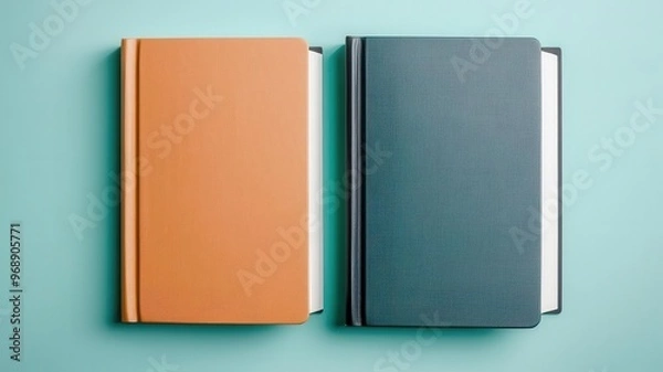 Fototapeta Two hardcover books mockup leaning against each other with customizable spines, Book mockup, professional layout, design showcase
