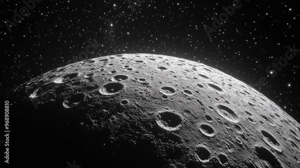Fototapeta Wide view of the moon with a focus on the rugged craters and maria, against a backdrop of countless stars. No people. No logo.