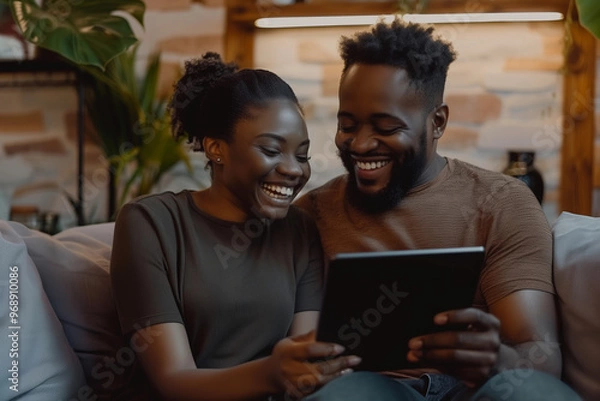 Fototapeta People, black couple and smile with tablet on sofa at home with browsing internet for house insurance options. Family, relationship and happy or satisfied on website for life policy and funeral cover