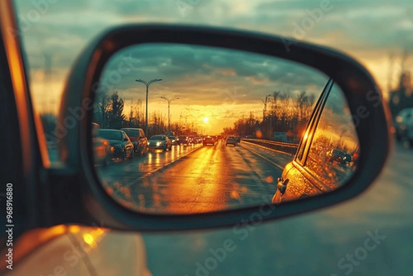 Obraz A rearview mirror of the car shows a road with cars on it, with a sunset in the background. Created with Ai