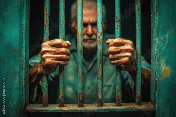 Obraz Portrait of an elderly man with gray hair and a mustache behind prison bars, his hands gripping the iron bars.. Created with Ai