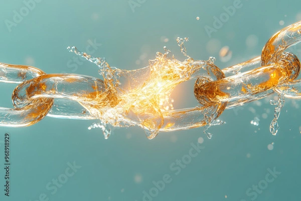 Obraz A golden chain breaking in half, with an orange glow and particles flying around. Created with Ai