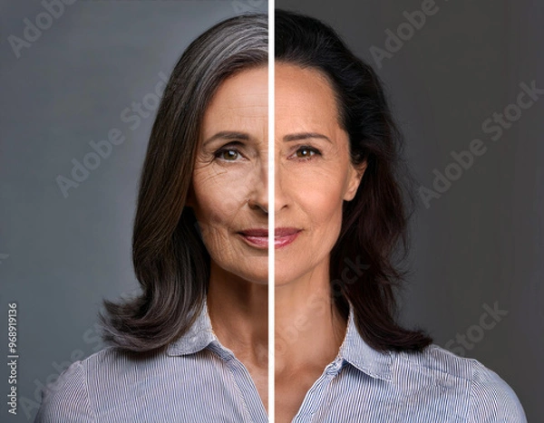 Obraz A split view of a woman's face illustrating the contrast between youthful and aged skin, highlighting wrinkles and the effects of aging, emphasizing skincare - Generative AI