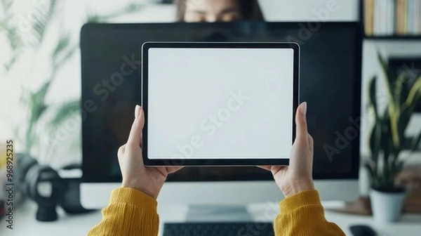 Fototapeta A woman holding a digital tablet with a blank screen in front of a desktop monitor, ideal for showcasing digital designs or apps d0cce06a441c