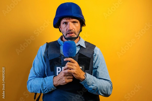 Obraz A journalist in a blue helmet and bulletproof vest holds a microphone. The background is a bright yellow wall.