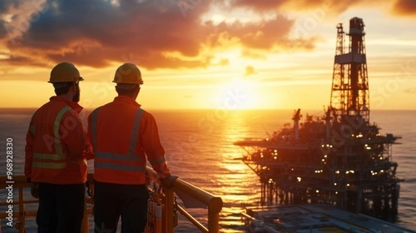 Obraz Oil rig workers standing on a platform during sunset with the rig visible in the background
