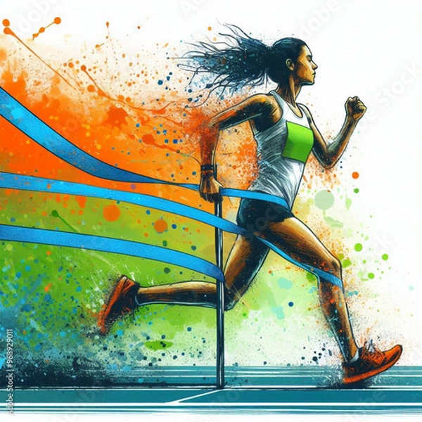 Obraz Runner crossing the finish line with colorful energetic splashes

