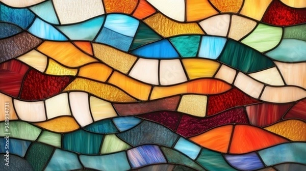 Fototapeta Vibrant Stained Glass Mosaic, a captivating blend of colors, detailed patterns, and rich textures, ideal for enhancing any interior space with artistic elegance.