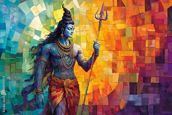 Obraz Abstract Mosaic Illustration of Hindu Deity Shiva with Trishul.