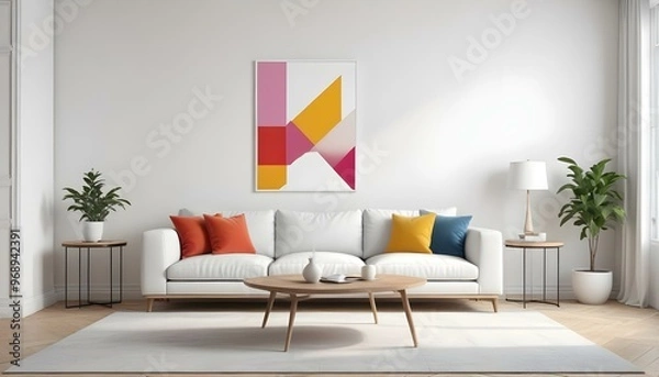 Obraz Photo modern style interior room 3d illustration Interior,Kitchen,Washrooms frame living room with colorful white sofa,led with blank frame