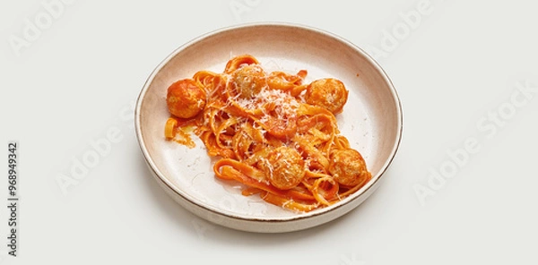 Fototapeta A classic Italian dish of tagliatelle pasta with meatballs and tomato sauce is presented on a white plate. The pasta is cooked al dente and the meatball