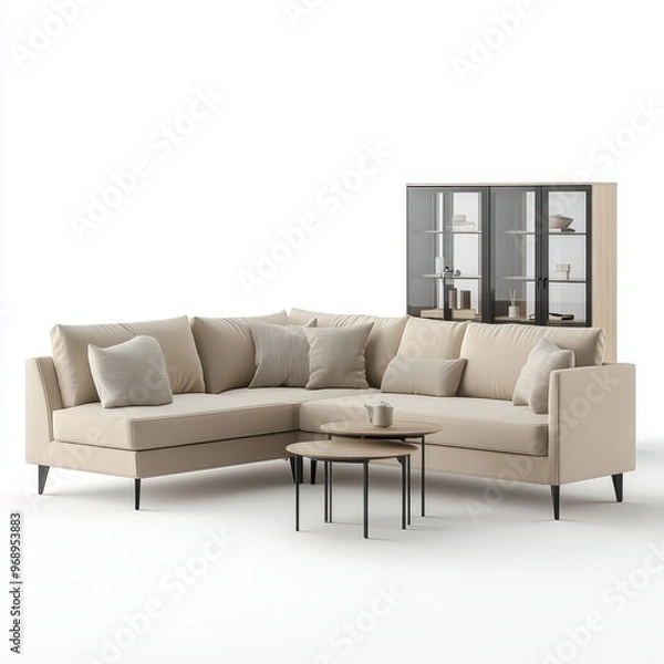 Fototapeta A modern beige sectional sofa with pillows and a glass cabinet, designed for comfortable living spaces.