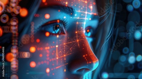 Fototapeta Close up of a woman's face with digital interface elements and glowing circuits, representing AI and futuristic technology.