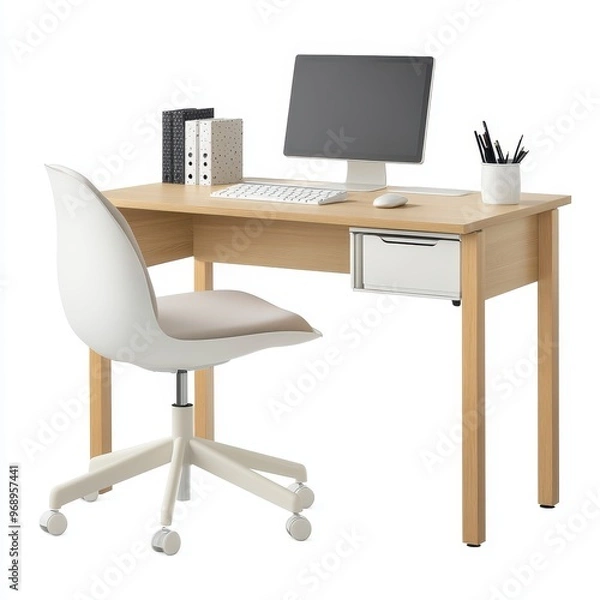 Fototapeta A modern desk setup with a computer, chair, and storage drawer for work or study.