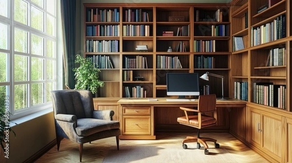 Fototapeta Cozy study room with a wooden desk, well-organized bookshelves, and a comfortable armchair, creating a serene work environment.