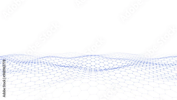 Fototapeta Futuristic vector hexagon wave. Dark cyberspace. Abstract wave with dots and line. Blue moving particles on a white background.