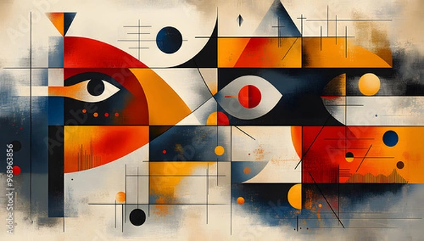 Fototapeta Minimal Vintage Illustration with Geometric Shapes and Large Color Blocks on Grain Texture Background
