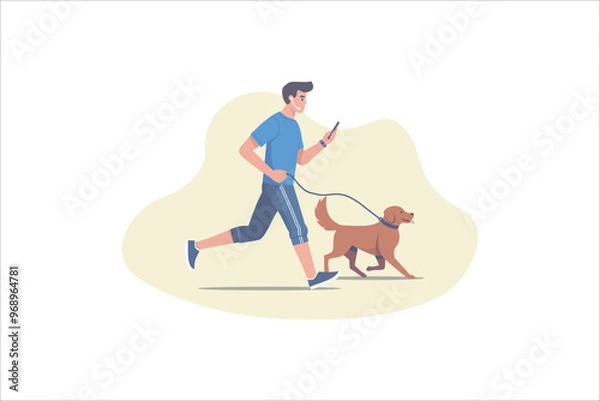 Fototapeta Young man jogging in spring park with dog. Outdoor activity, dog walking. Vector illustration.