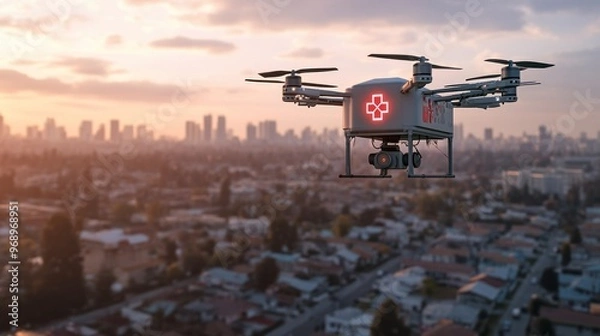 Obraz Autonomous AI-driven medical delivery drones providing aid in remote regions: Drones delivering medical supplies and equipment to hard-to-reach areas for faster aid.