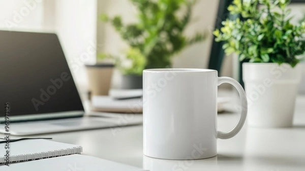 Fototapeta A white coffee mug on a modern desk with a laptop, notepad, and plants during a bright, sunny day in a cozy workspace