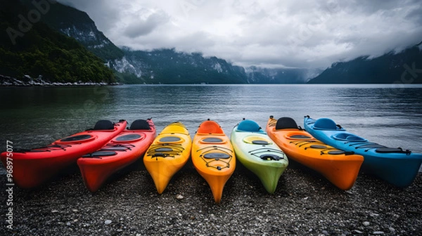 Fototapeta A row of colorful kayaks lined up on the shore ready for adventure.