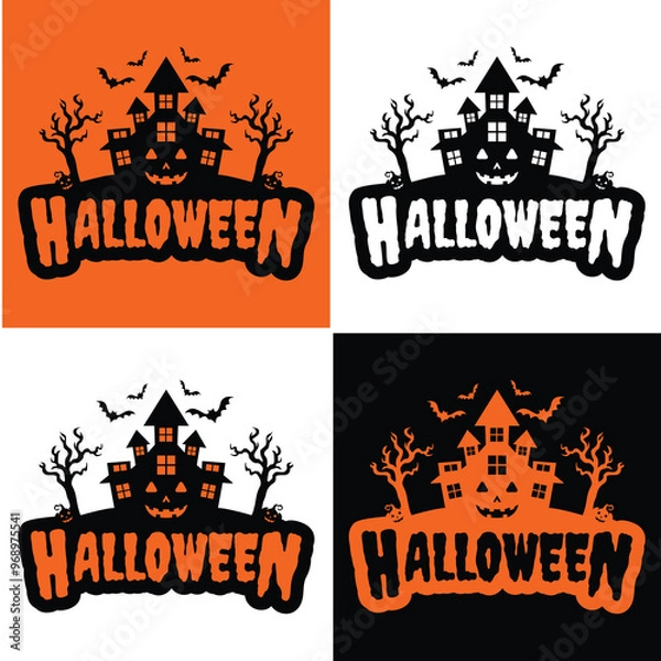 Obraz This 'Halloween House' logo, complete with bats, pumpkins, and a haunted house, is the perfect choice for anyone looking to create spooky yet playful designs for the Halloween season
