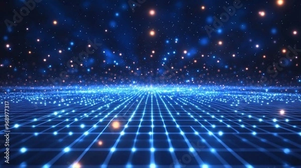 Obraz A captivating digital landscape featuring glowing blue dots and a grid pattern, creating a mesmerizing futuristic starry effect.