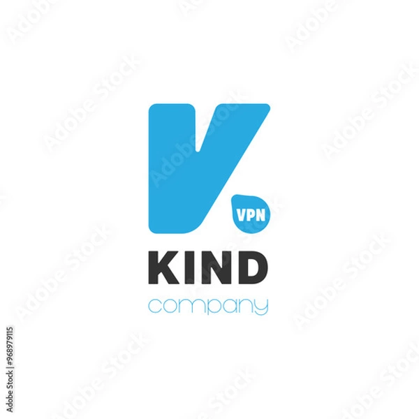 Fototapeta Logo of the company KIND The logo is a stylized letter K in blue. Next to the letter is a small circle with the inscription VPN Under the letter K is written company kind